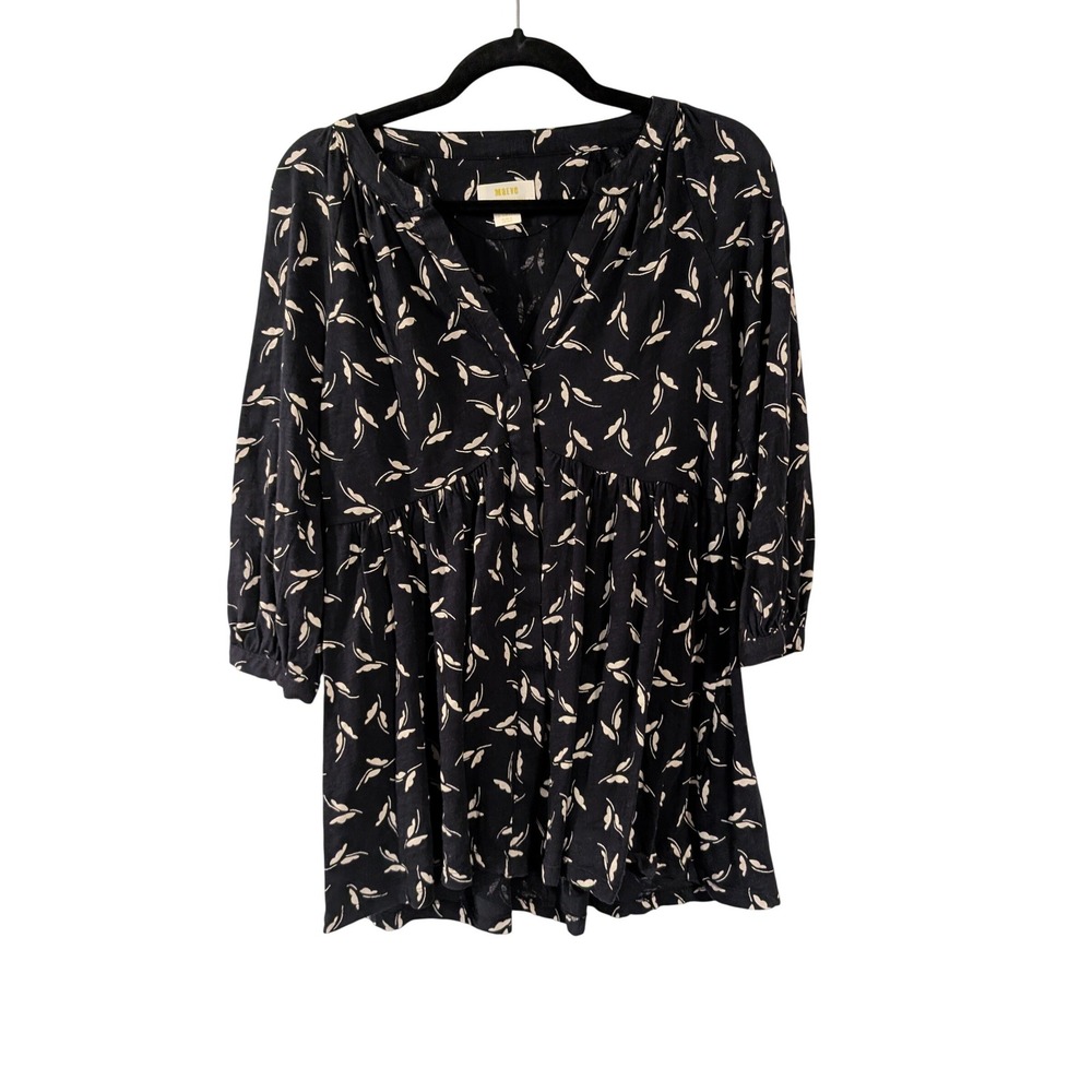 Maeve Anthropologie Tunic Top Womens XS Navy Blue Leaf Print Babydoll Blouse